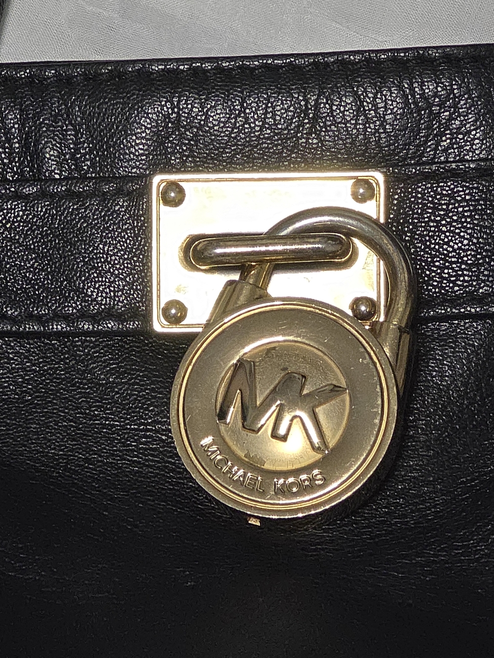 Michael Kors Black Leather Tote with Gold MK Padlock Accent